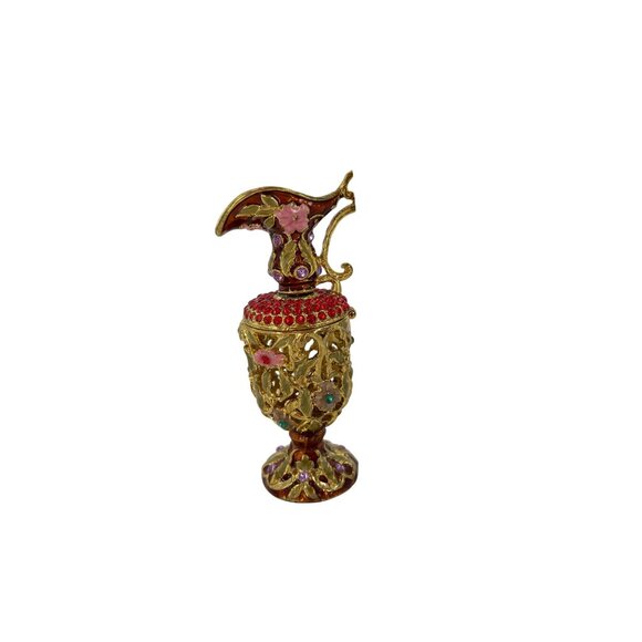 Vintage Gold Tone Miniature Pitcher Trinket Box Rhinestones Enamel Floral - Picture 5 of 6
